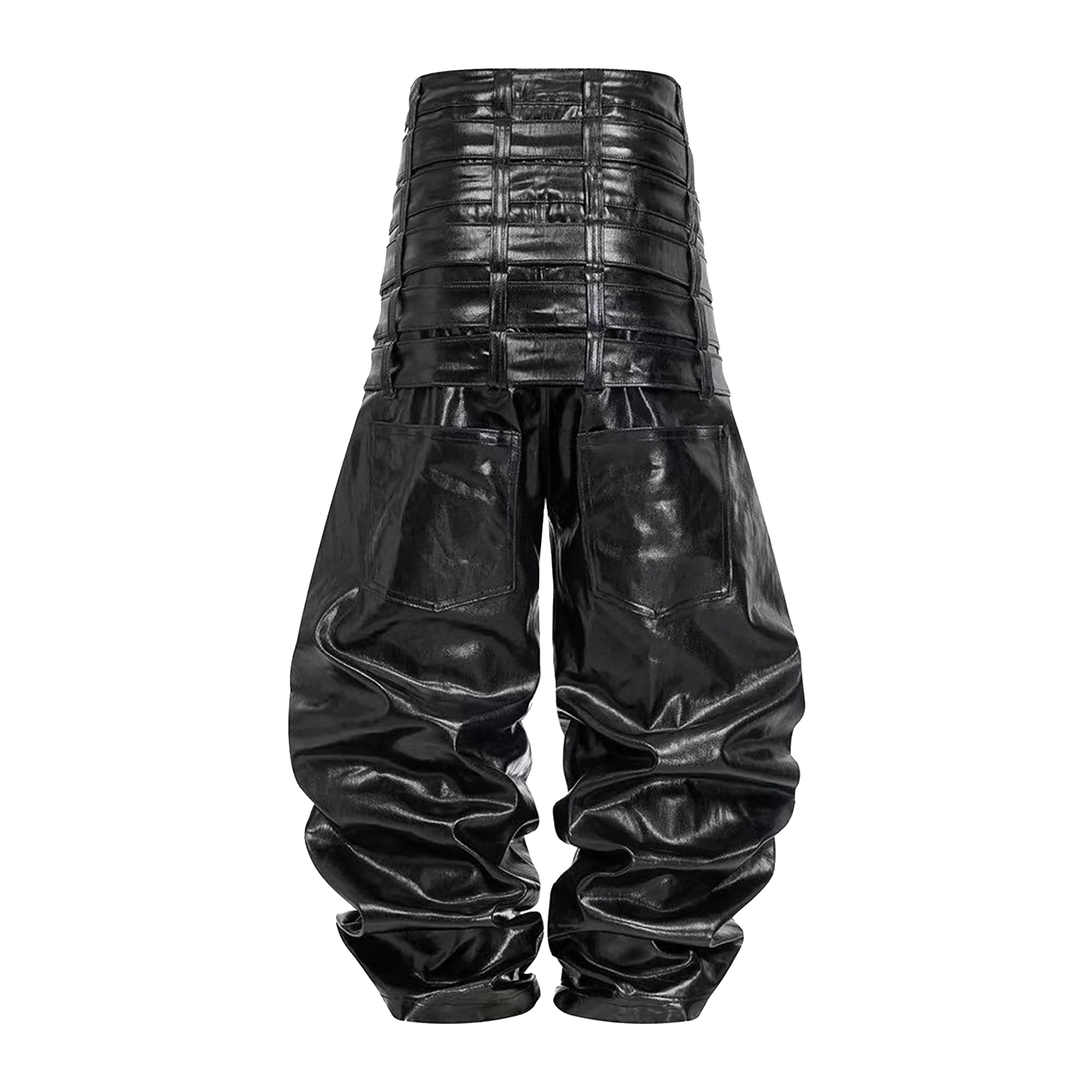 Six-Waistband Liquid Waxed Curved Seam Leather Pants