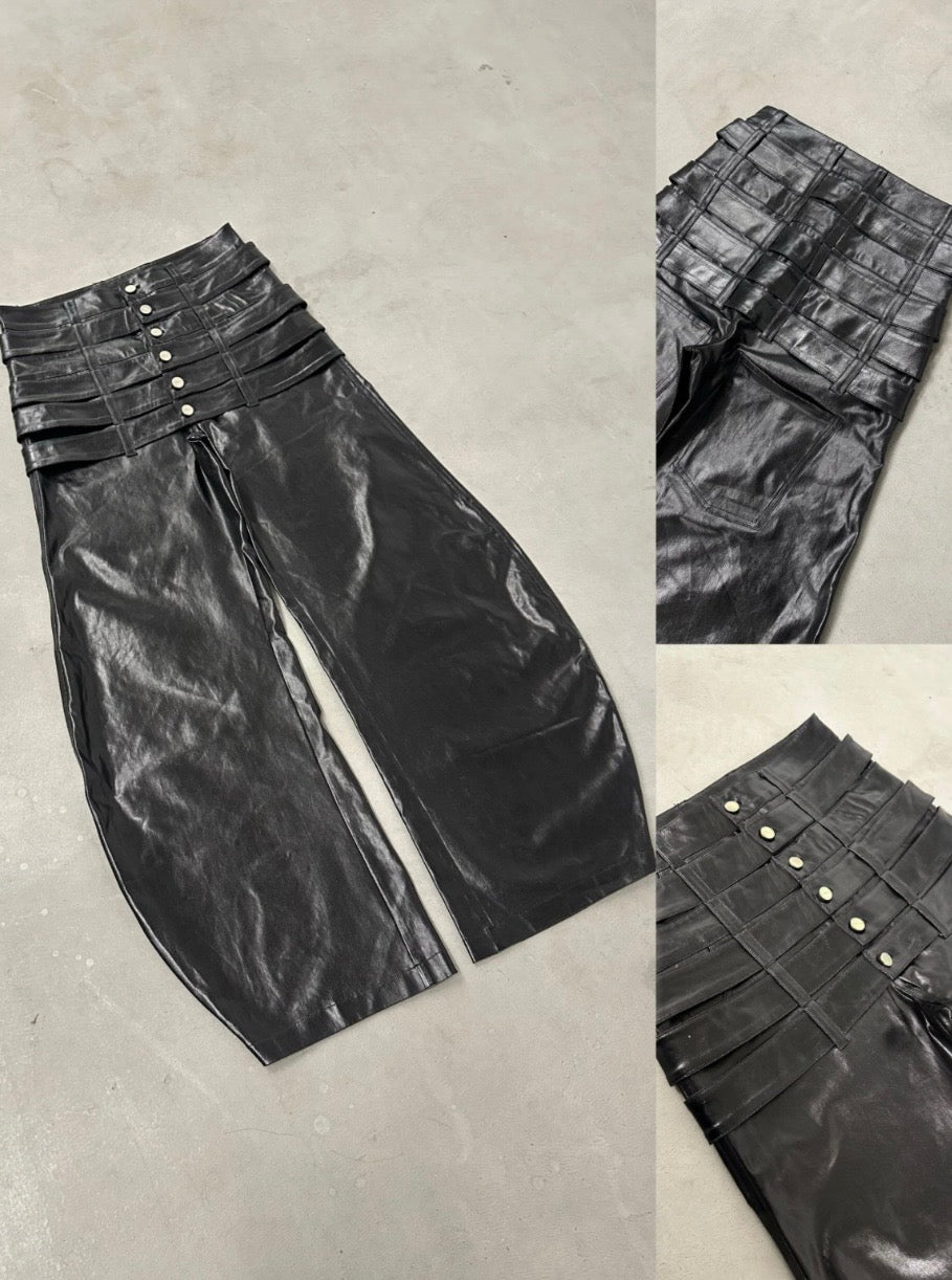 Six-Waistband Liquid Waxed Curved Seam Leather Pants