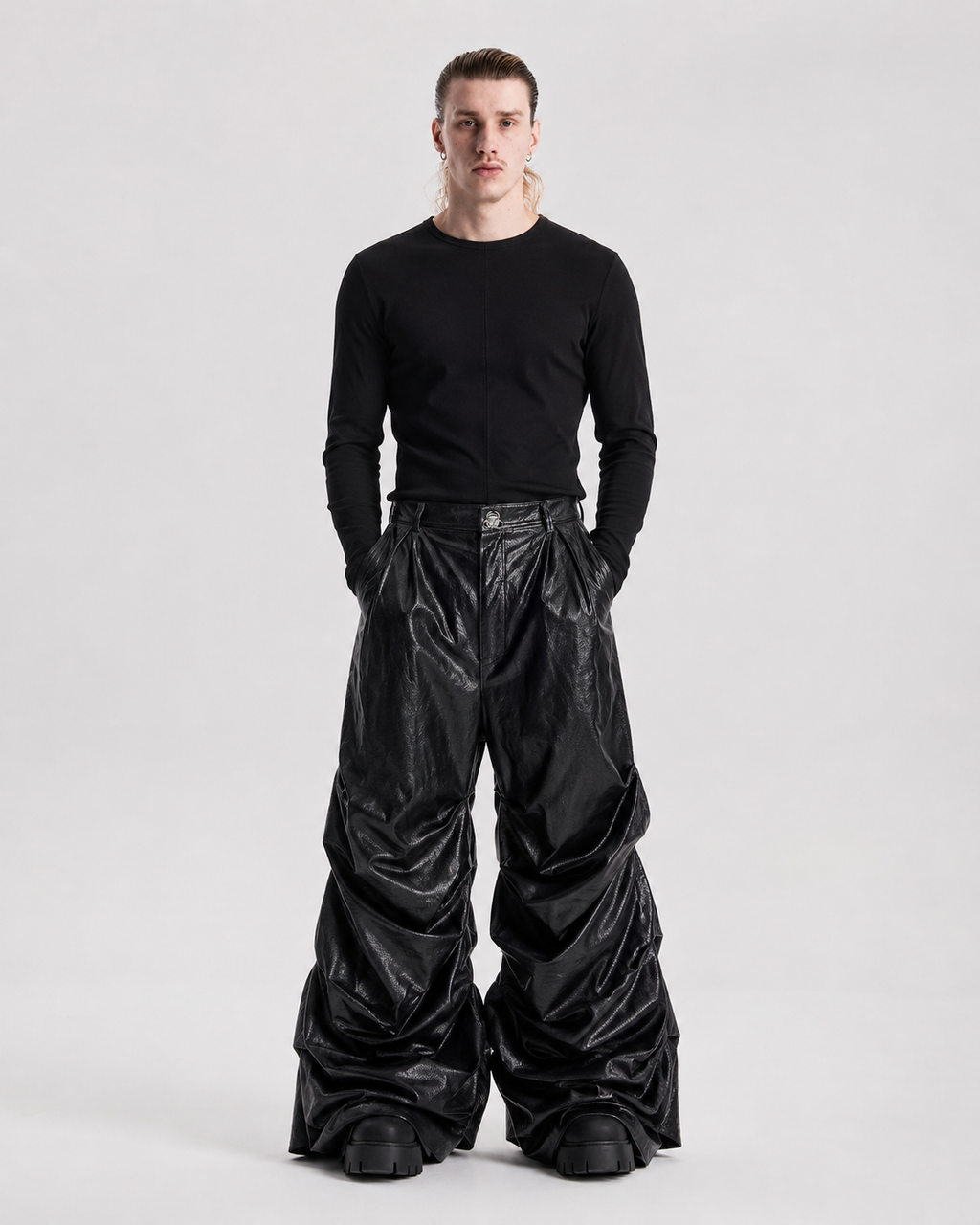 Crinkled Faux Leather Wide-Leg Pants