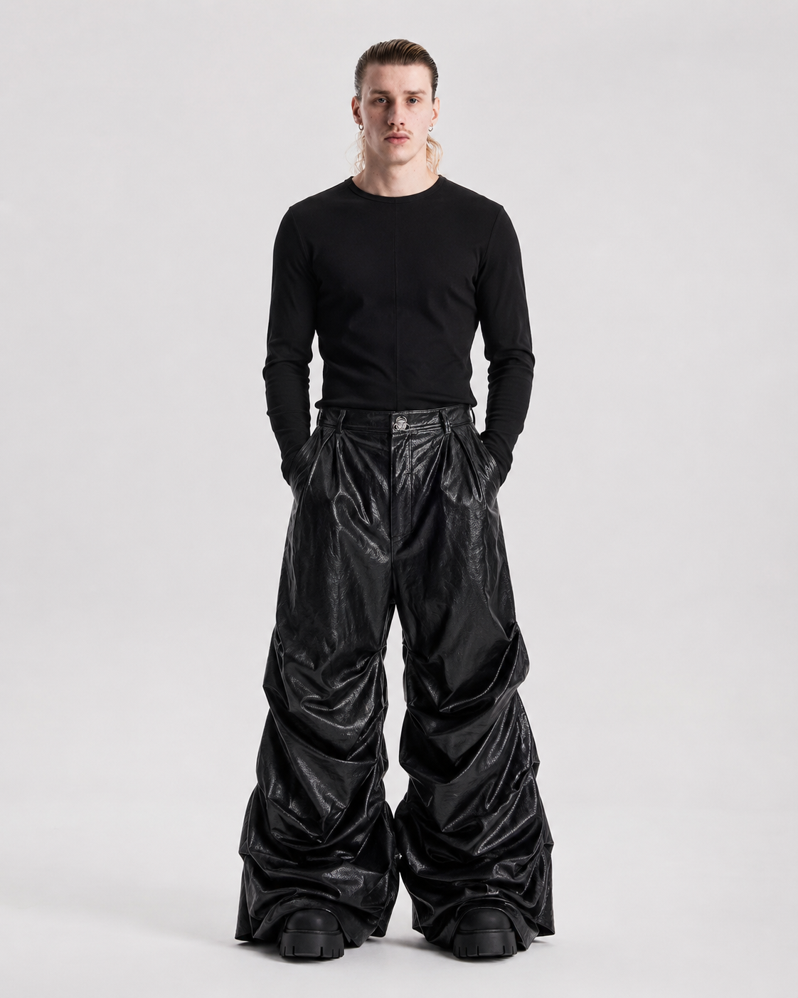 Crinkled Faux Leather Wide-Leg Pants