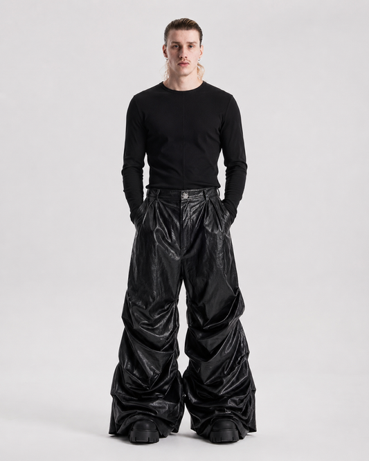 Crinkled Faux Leather Wide-Leg Pants