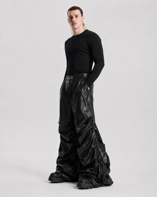 Crinkled Faux Leather Wide-Leg Pants