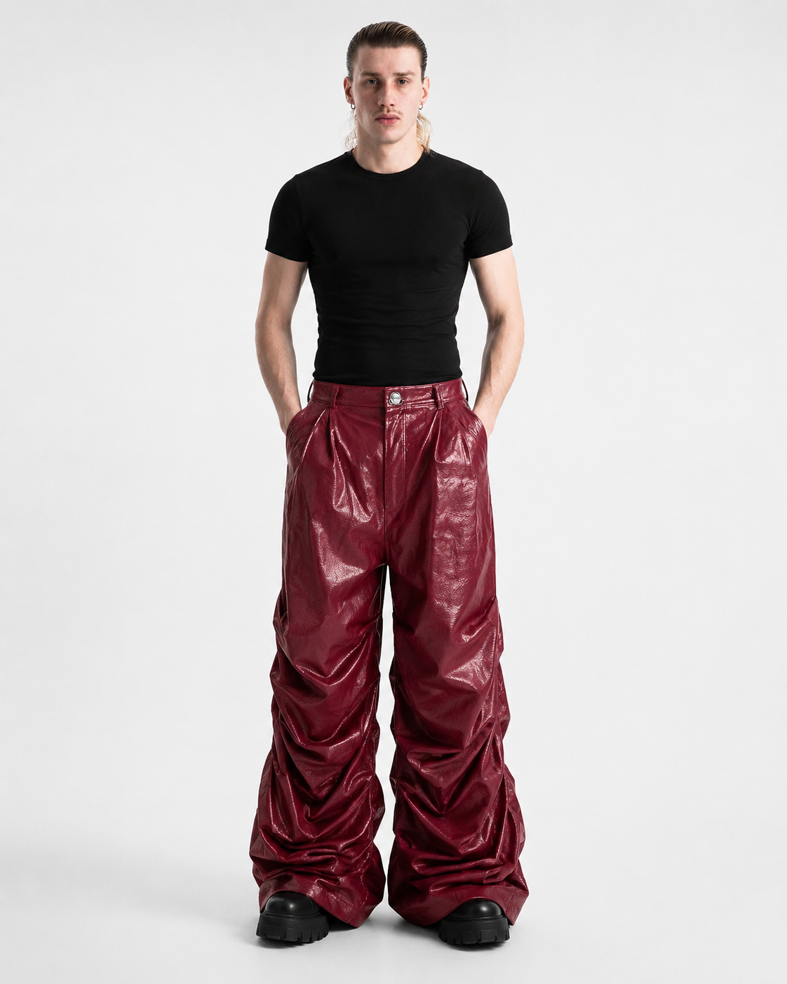 Crinkled Faux Leather Wide-Leg Pants