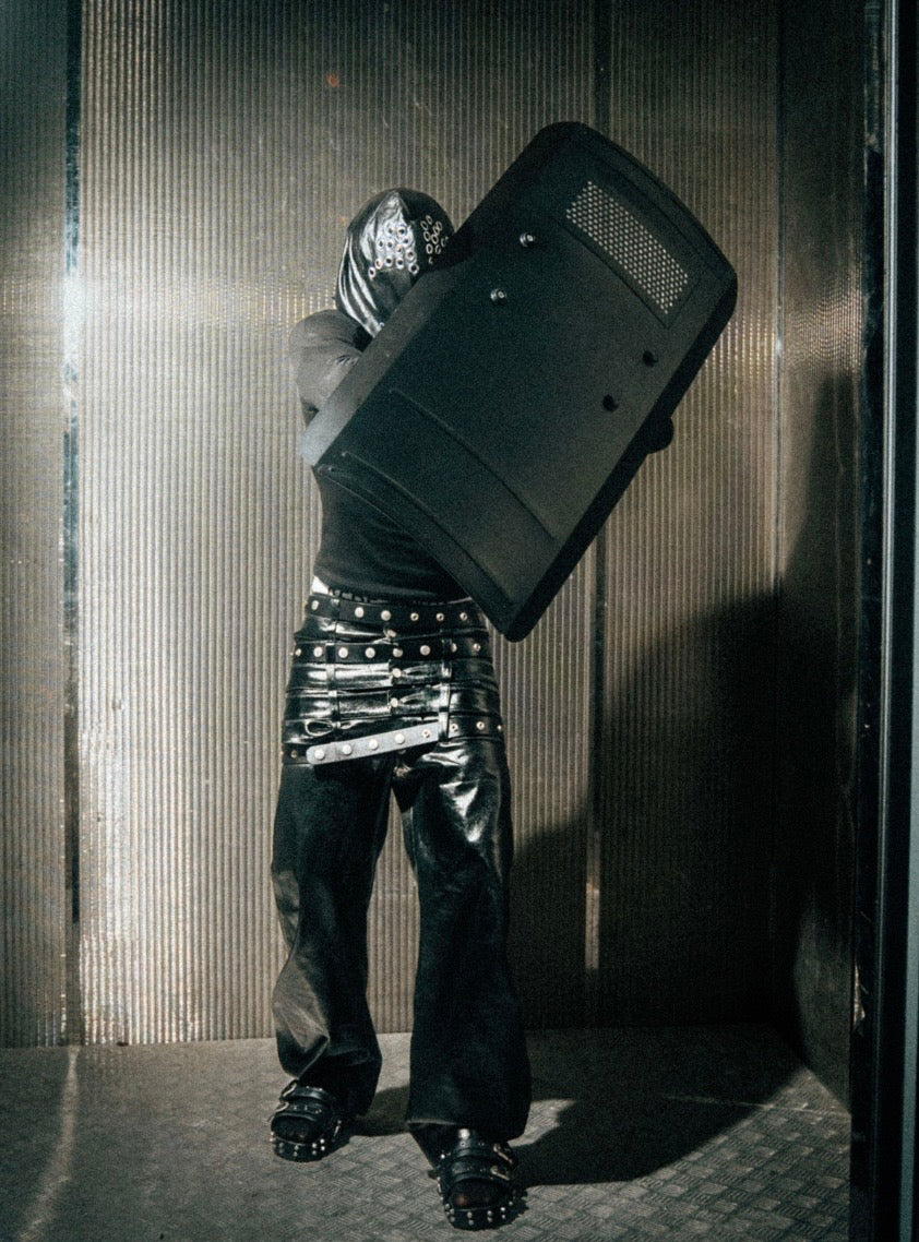 Six-Waistband Liquid Waxed Curved Seam Leather Pants